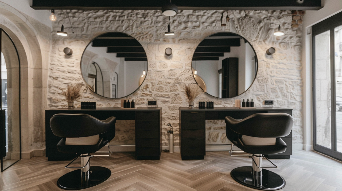 Fauteuils barber et miroirs de l'espace VOLTA — comparatif location fauteuil vs coworking beauté